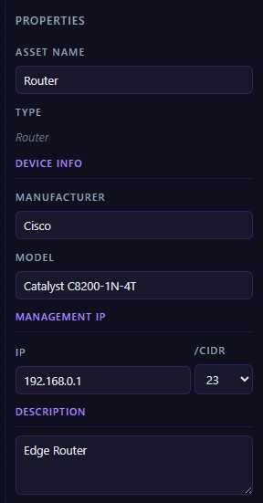 A router's details in the editor, IP and description showing